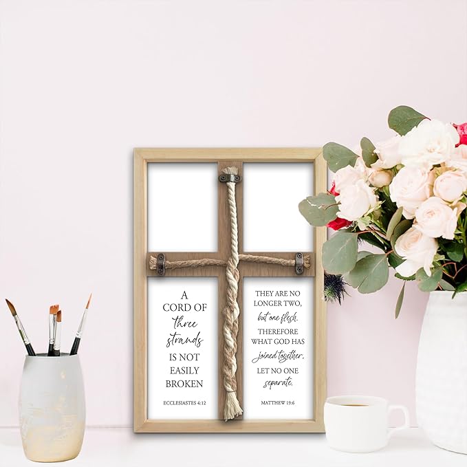 flowtorely A Cord of Three Strands Wedding Ceremony Unity Wall Decor 15"X10" Matthew 19 6 Christian Marriage Prayer Cross Sign Framed Wall Hanging Art (Wood)