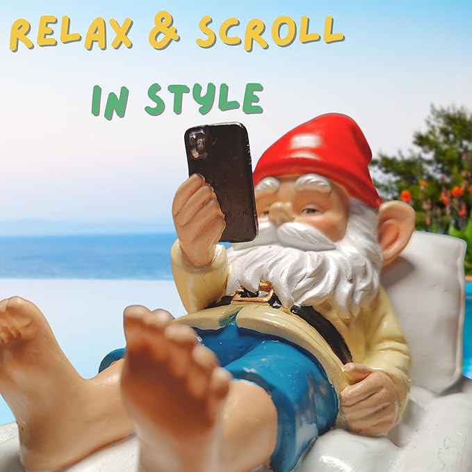 Relaxing Pool Gnome with Smartphone - 5.6" Heavy Resin Garden Statue - Weather-Resistant Funny Lawn Ornament - Summer Patio Decor - Unique Housewarming Gift