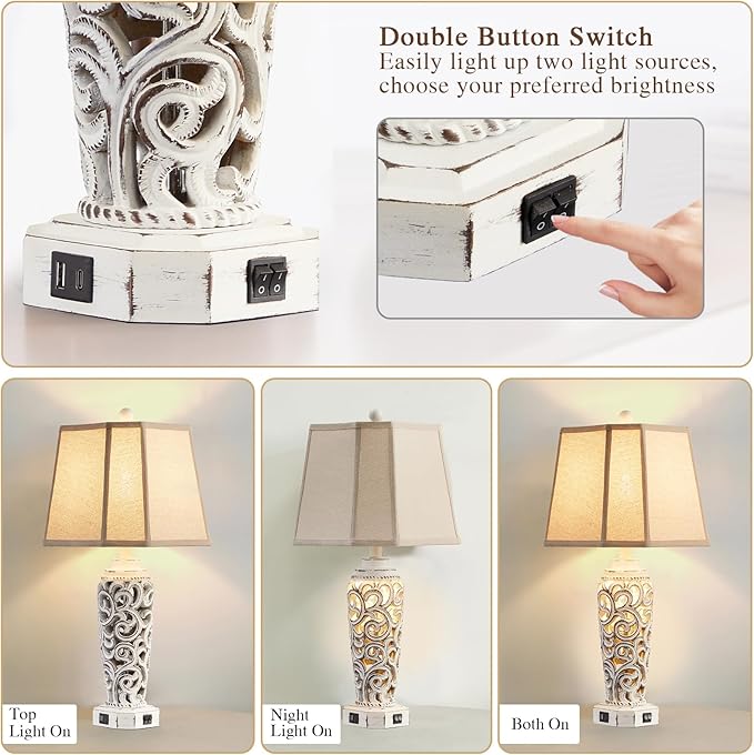 27" Rustic Table Lamps Set of 2 for Living Room with USB A+C Ports, Vintage Nightstand Bedroom Lamp with Hollow Nightlight