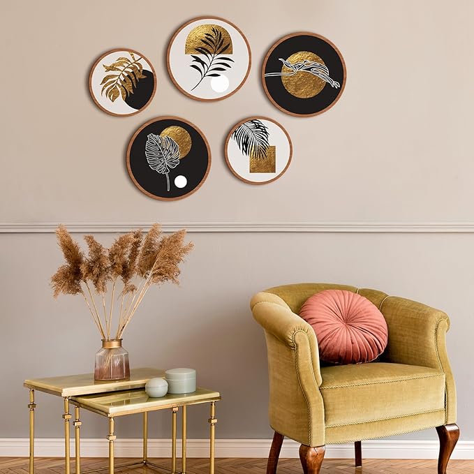 Qunclay 5 Pcs Wall Art Decor Wooden Living Room Wall Decor Bohemian Hanging Farmhouse Geometric 10'' and 8'' Aesthetic Wood Minimalist Posters for Bedroom(Rustic, Leaf)