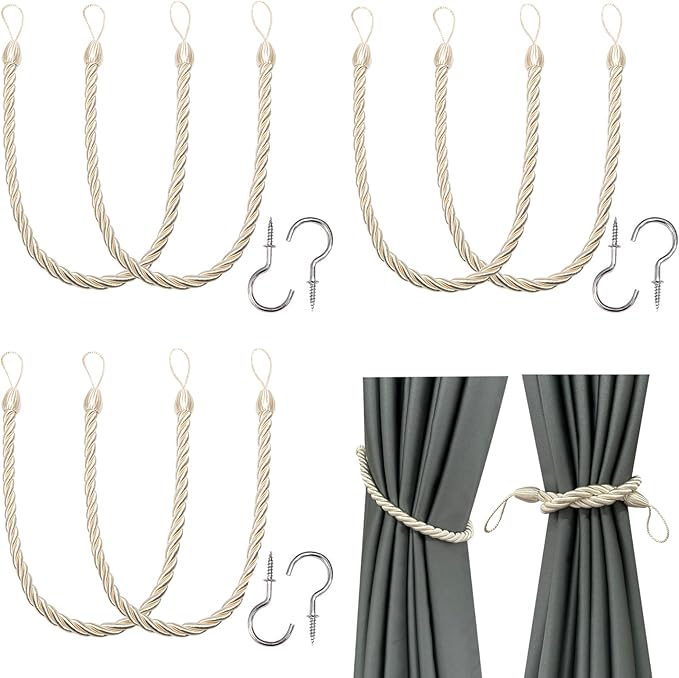 BEL AVENIR Curtain Ropes Tiebacks Tie-Backs, Curtain Handmade Holdbacks with 6 Metal Screw HooksBeige,6p