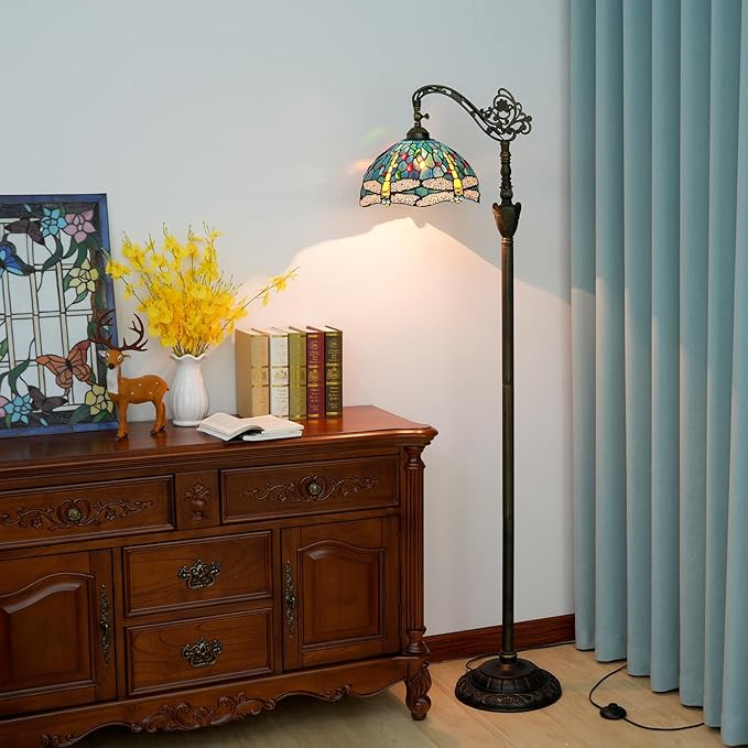 Tiffany Floor Lamp Vintage Standing Lamp Green Blue Dragonfly Stained Glass Floor Light Rustic Corner Gooseneck Floor Lamp with Adjustable Angle for Home Decor Living Room Bedroom 12X12X63 Inches