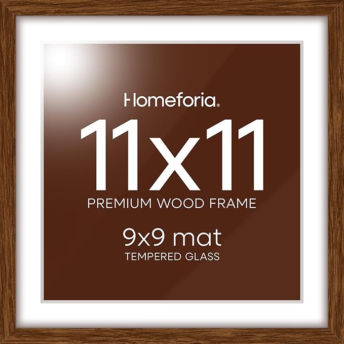 Homeforia 11x11 Picture Frame Brown, High-End Dark Oak 11 x 11 Square Brown Wood Frames with Mat 9 by 9 Photo, 11by11 Wooden Walnut Poster Frame Matted to 9x9 Print, Tempered Glass, Wall Kit, Set of 1