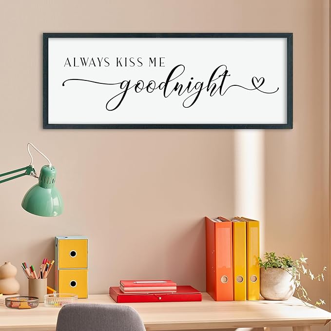 comurdyo Always Kiss Me Goodnight Sign for Bedroom Above bed Wall Decor 40''×15'' Large Wood Frame For Couples Over Bed Hanging Wall Art (Black)