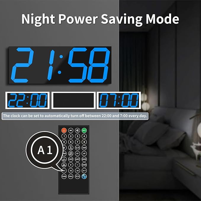 18.7'' Automic Digital Wall Clock, LED Wall Clock with Large Display, Multi-Function Clock with Alarm and Timer, Auto Time Sync Digital Clock with Adjustable Brigthness(Blue)