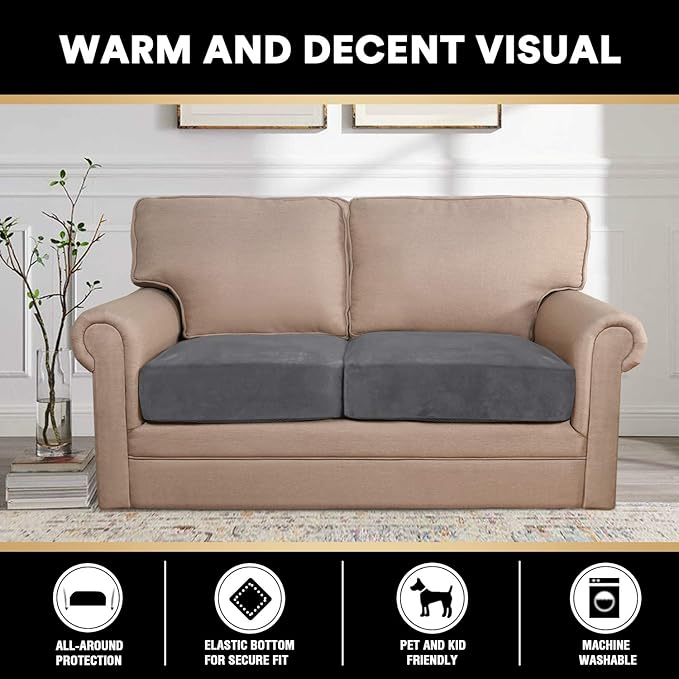 PrinceDeco Stretch Velvet Couch Cushion Covers for Individual Cushions Sofa Cushion Cover Seat, Sofa Covers Washable, Couch Seat Cushion Covers for Sectional (2 Pieces, Grey)