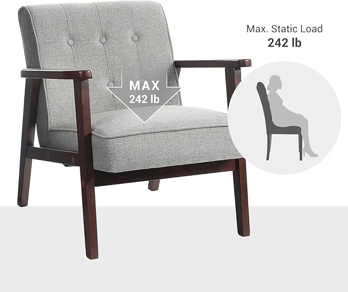 SONGMICS Accent Leisure Chair, Mid-Century Modern Arm Chair with Solid Wood Armrests and Legs, 1-Seat Cushioned Sofa for Living Room Bedroom Balcony Studio, Light Gray ULAC001G01