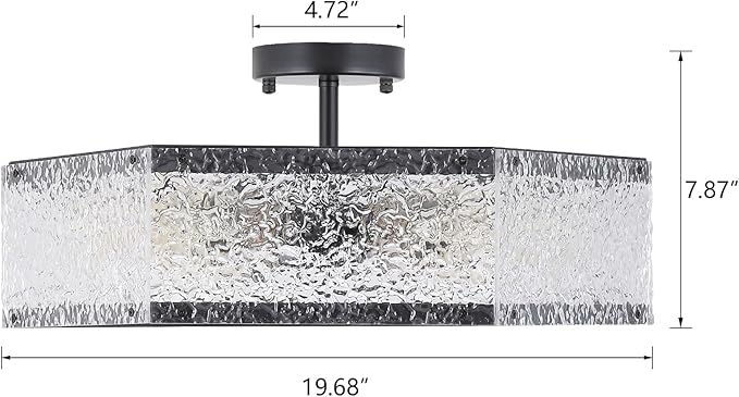 6-Light Large Modern Black Flush Mount Ceiling Light Fixture 20 inch Water Ripple and Metal Hexagon Cage Semi Flush Mount Ceiling Light for Hallway Entry Bedroom Living Room Farmhouse, Black