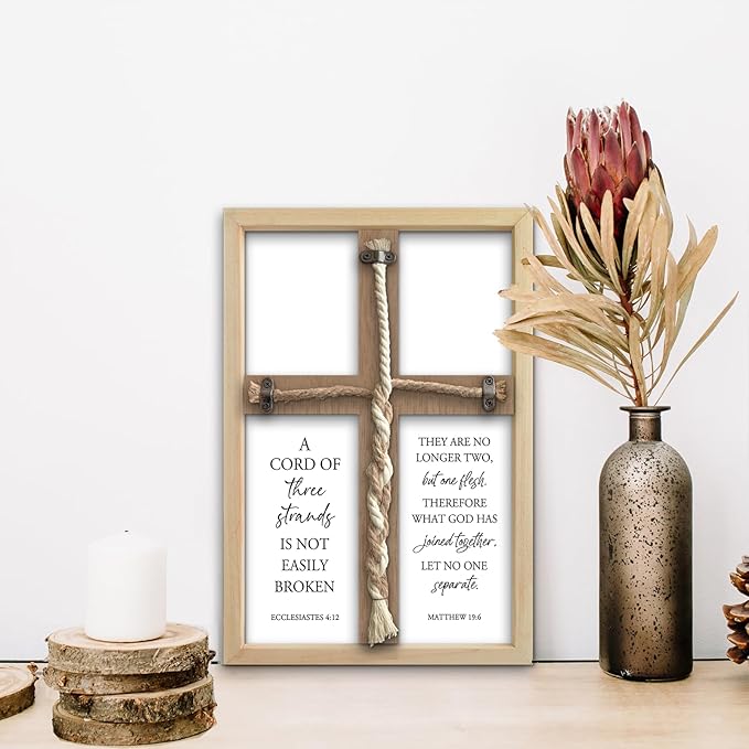 flowtorely A Cord of Three Strands Wedding Ceremony Unity Wall Decor 15"X10" Matthew 19 6 Christian Marriage Prayer Cross Sign Framed Wall Hanging Art (Wood)
