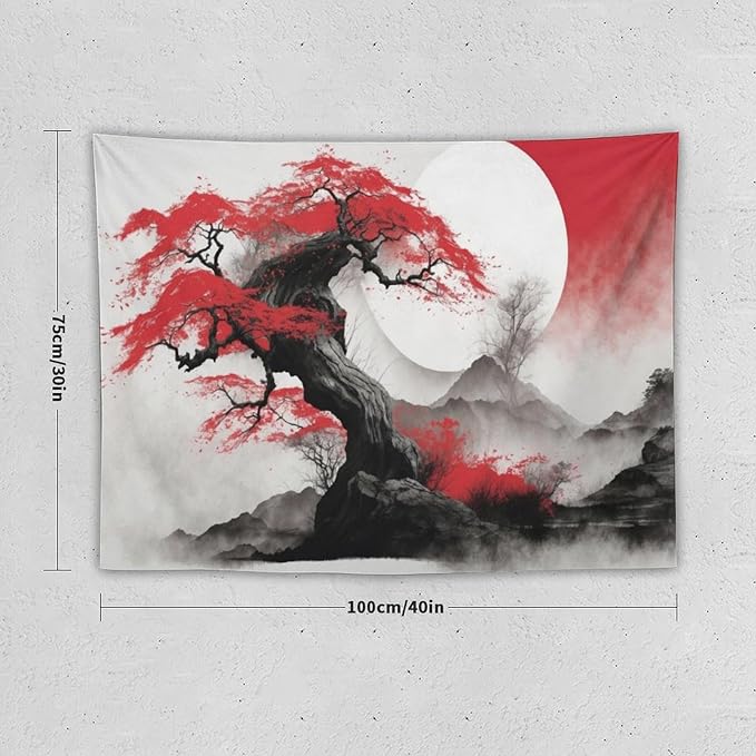 Cherry Blossoms Tapestry, Japanese Red Landscape Asian Abstract Art, Bedroom Living Room Decor 40"x30"