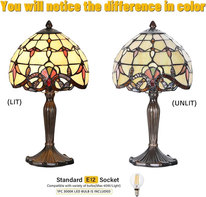 TL0007 Tiffany Lamp Baroque Design Stained Glass Table Lamp 8" D x 14.25" H for Living Room Bedroom Bedside Nightstand Home Office, LED Bulb Included (Beige Baroque)