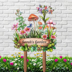Personalized Mushroom Metal Sign with Stake,Custom Gardener Last Name Signs Outdoor Decoration,Customized Flowers Garden Accessories Decor for Grandma,Butterfly Plaques for Patio Lawn Porch Backyard