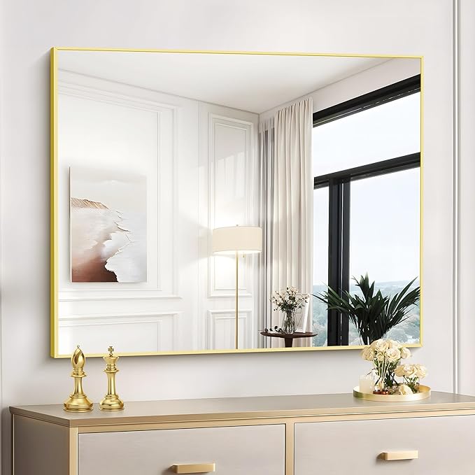 Gold Bathroom Mirror for Wall, 30x36 Inch Rectangle with Metal Frame, Modern Vanity for Bathroom Living Room, Entryway Hangs Horizontal or Vertical