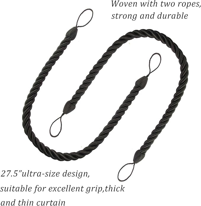 BEL AVENIR Curtain Tiebacks Ropes Tie-Backs, Handmade Curtain Holdbacks (Black, 2pack)