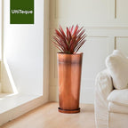 28in Tall Antique Copper Metal Vintage Planter Set of 2,Galvanized Steel Planter Pots for porches/Indoor/Outdoor/terraces Patio- Copper Color(2planters,2inner pots with Holes, 2trays)