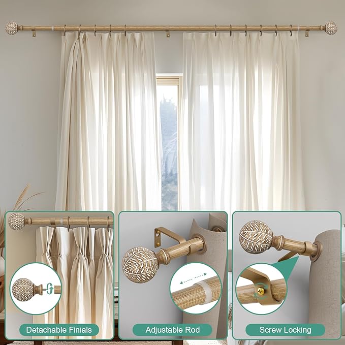 Wood Curtain Rods for Windows 48 to 84 Inch,1'' Diameter Drapery Rods with Imitation Wood Grain Leaf Pattern Finials,Boho Adjustable Heavy Duty Curtain Rods Set,36-88'',Color:Weathered Wood