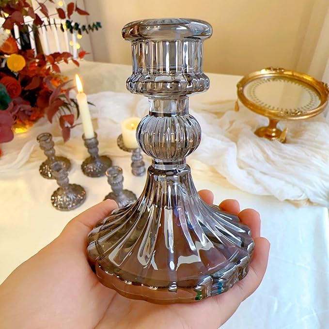 Glass Candlestick Holder,Striped Taper Candle Holders,Set of 6 Candle Stand for Table Centerpieces, Home Decor,Weddings,Festival and Parties (Grey Stripe Pattern)