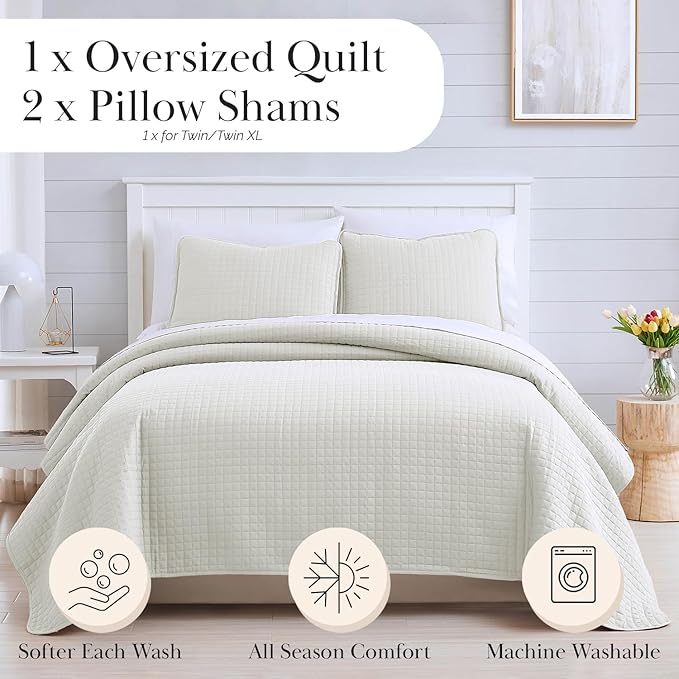 Southshore Fine Living, Inc. Full/Queen Size Quilt Bedding Set, Wrinkle-Free Stain & Pet Hair Resistant Bedding, Coverlet Queen Size/Full Size Bedspread with 2 Pillow Shams, Cream