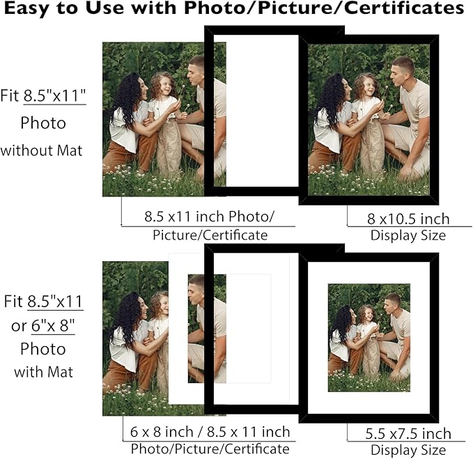 12 Packs 8.5 by 11 Picture Frames, Display 6x8 with Mat or 8.5x11 Without, for Award Certificate Diploma Document, 8.5 x 11 Frames Bulk Set of 12 Photo Frames Set for Wall and Tabletop, Black