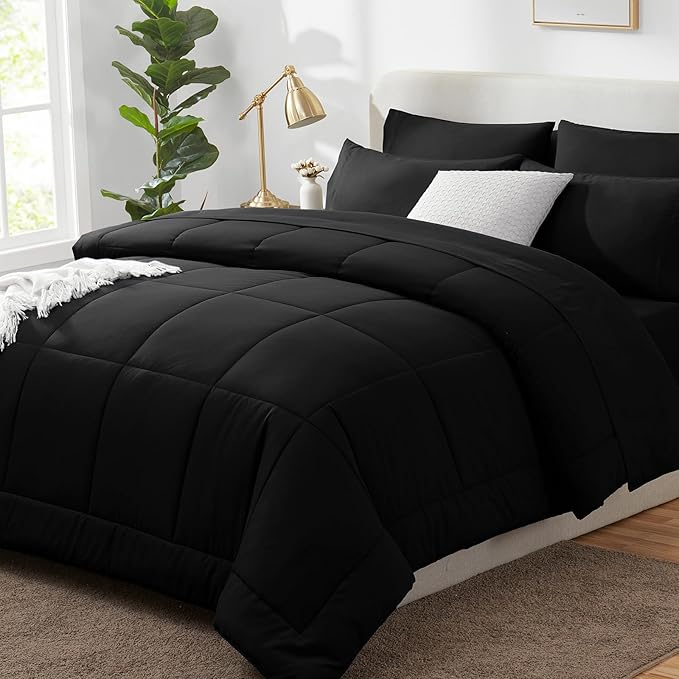 CozyLux Oversized King Comforter Sets Black, 7 Pieces Bed in a Bag, Ultra-Soft All Season Bedding Sets with Stitch Quilted Comforter, Flat Sheet, Fitted Sheet, Pillowcases, Black