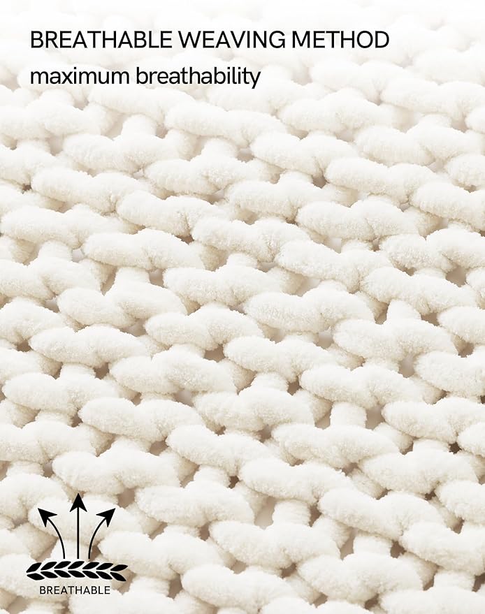 YnM Chunky Throw Blanket, Medium-Weight, Hand Knitted with Chenille Yarn, Skin Friendly, Ventilated and Breathable, Machine Washable, Home Décor Piece for Couch Sofa and Bed (Butter Cream, 80x87 Inch)