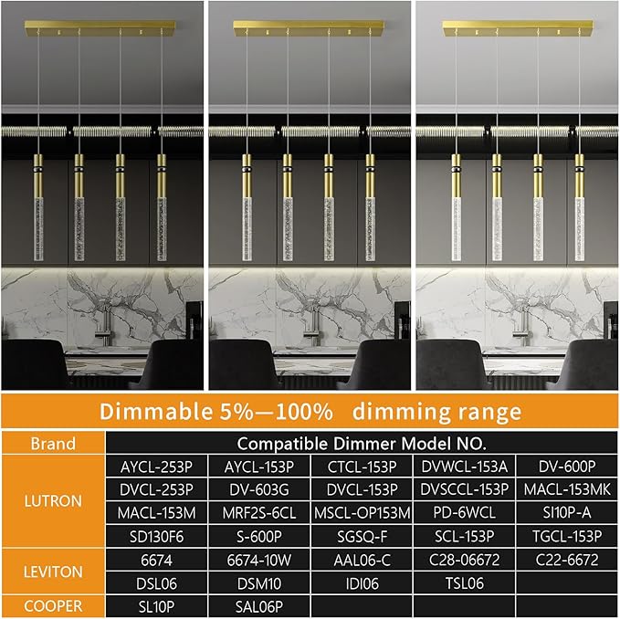 4 Light Pendant Lighting Dining Room Light Fixture Dimmable LED Modern Gold Pendant Light with Bubble Crystal Pendant Lights Kitchen Island