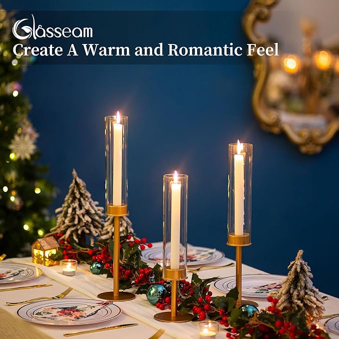 Glasseam Hurricane Gold Candlestick Holder: Metal Matte Taper Candle Holders with Glass Cylinder Shade Set of 3, Modern Candle Holder for Table Centerpiece Wedding Christmas Decoration