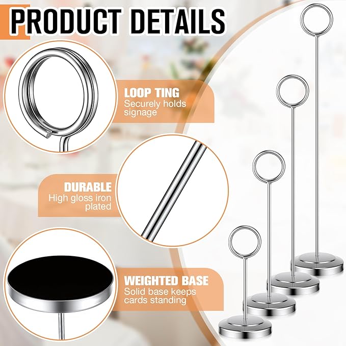 20 Pcs Table Number Holders 4/6/8/10 Inch Place Card Holder Stands Wire Photo Clips Metal Table Card Stands for Centerpieces, Photos, Food Signs, Birthdays, Weddings (Silver)