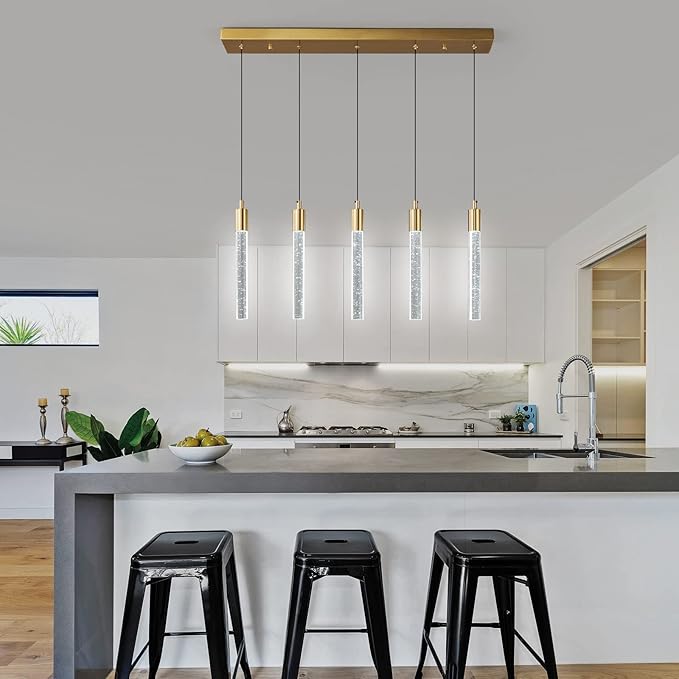Kitchen Island Lighting Modern Light Fixture Gold Pendant Light Dimmable LED Brass Finish Mini Crystal Pendant Lights for Dining Room Living Room（5-Light）