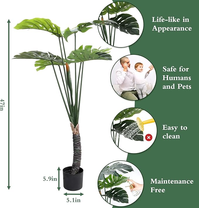 2 Pack 47.2in Artificial Monstera Deliciosa Trees with Pot, 4 Feet Fake Trees for Indoor Outdoor Home, Office Decor