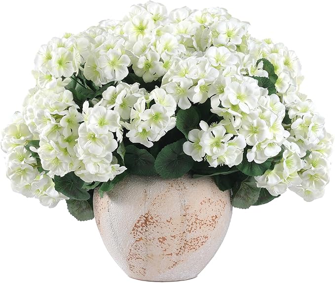 Hananona Artificial Geranium Flowers for Outdoors Geranium Silk Flowers Outdoor UV Resistant Garden Plants Faux Flowers for Home Kitchen Table Centerpieces Decor (12, White)