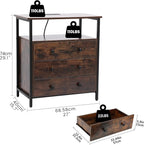 3 Wooden Drawers Nightstand, 27 Inch Wide Night Stand Set 2 with Charging Station and Adjustable Drawers, Small Dresser for Closet, Bedside Table for Living Room/Bedroom/Office, Retro Brown.