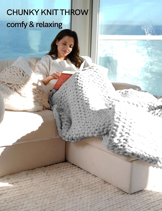 YnM Chunky Throw Blanket, Hand Knitted with Chenille Yarn, Skin Friendly, Ventilated and Breathable, Machine Washable, Home Décor Piece for Couch, Sofa and Bed (Glacier Grey, 30x40 Inch)