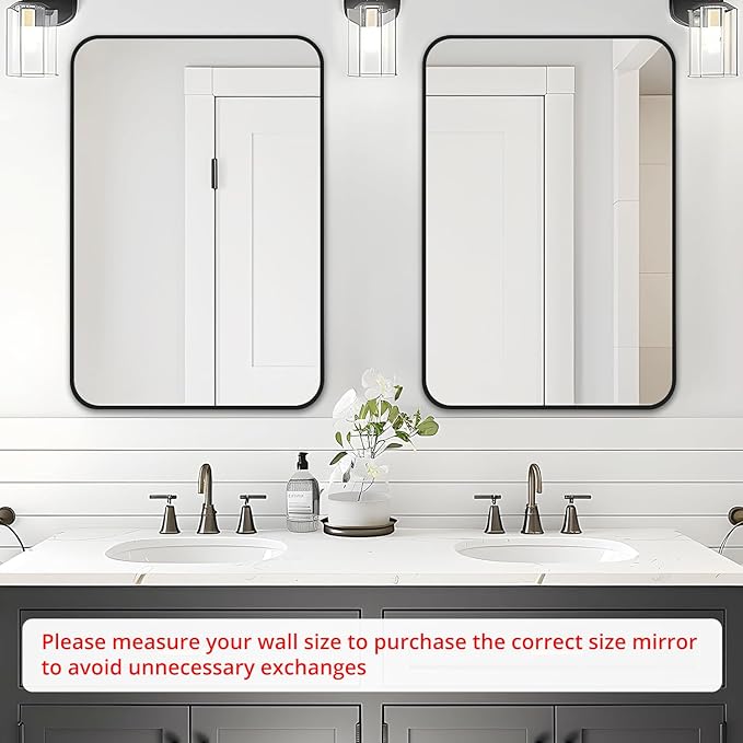 Fabuday Black Bathroom Mirror for Over Sink Wall - 24x36 Rectangle Mirror with Matte Metal Frame, Big Rounded Rectangular Vanity Mirrors for Bedroom, Living Room, Entryway, Horizontally/Vertically