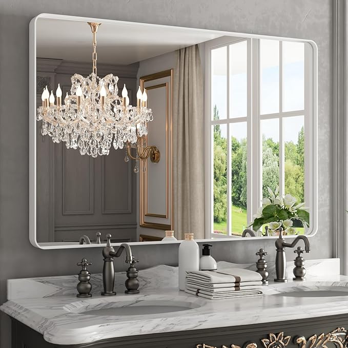 WEER White Bathroom Mirror 48X32 Inch, Rounded Rectangle White Metal Frame Mirror, Matte White Bathroom Vanity Mirror with Tempered Glass, Anti-Rust, Hangs Horizontally or Vertically
