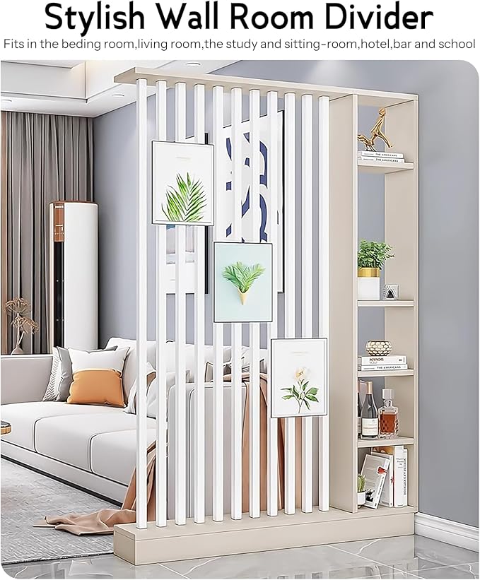 Wall Room Divider, Storage Cabinet Storage Display with Shelves, Modern Freestanding Wood Room Divider Screen, Wall Privacy Screens for Home Decorative (Beige+White,55" L x 9.5" W x 79.5" H)