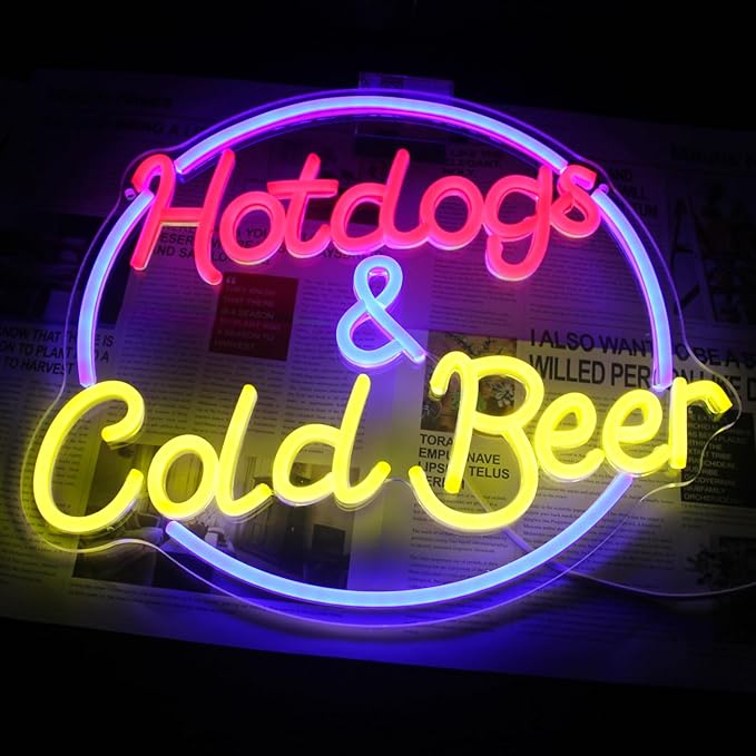 Hot Dogs and Cold Beer Neon Sign for Wall Decor Dimmable Bar Neon Light Sign Colorful LED Neon Signs Beer Neon Light Wall Art LED Sign for Bar Restaurant Shop Food Court Party Decor