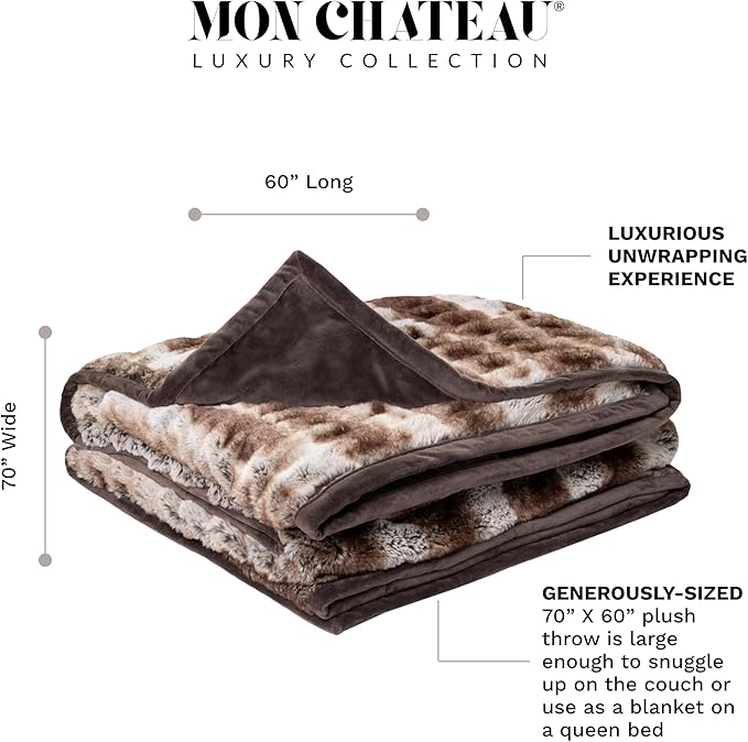 Mon Chateau Premium Reversible Luxury Faux Fur Throw for Couch, Sofa, or Bed - Plush Cozy Soft Blanket for Sleeping or Home Décor, 60" x 70" (Ruched Dark Brown)