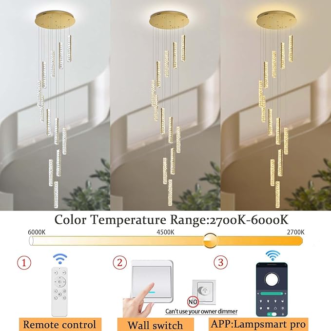 Long Spiral Crystal Chandelier Lighting for Foyer 12-Light Gold Staircase Chandelier High Ceiling Slopped LED Dimmable 2700K-6000K