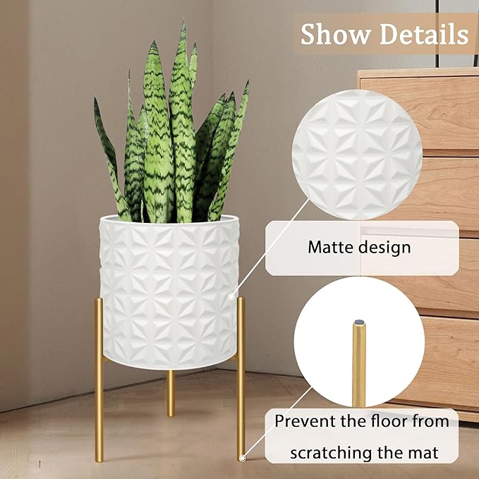 ARNIS Modern Planter Pots, Set of 2 Large Planters with Stand, Decorative Planters, Metal Pots with Drainage Holes for Living Room, Office, Garden or Balcony, 10.5 &12.25 Inch, Matte White