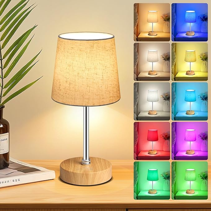 Small Cordless Table Lamp,5000mAh Rechargeable Battery Operated Desk Lamp,3 Colors & 7 RGB Stepless Dimmable, Portable Touch Bedside Night Light for Patio Restaurant Home,Wood Base,Flaxen Shade