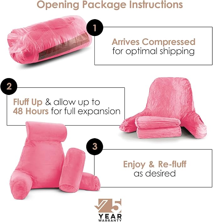 Nestl Reading Pillow Large Bed Pillow, Back Pillow for Sitting in Bed Shredded Memory Foam Chair Pillow, Reading & Bed Rest Pillows Light Pink Back Pillow for Bed, Bed Chair Arm Pillow with Pockets