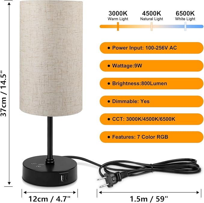 Ascher RGB Table Lamp Color Changing - 3 Color Temperatures and Stepless Dimmable Small Bedside Lamp for Bedroom, Touch Control Nightstand Light with Flaxen Shade for Reading Home Decor Lights