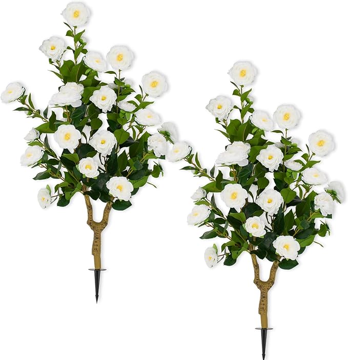 Romantic Season 2Pack 36" Artificial Camellia Tree with Ground Spike - White Faux UV Resistant Blooming Bush, Lifelike Camellia Flowers for Indoor Outdoor Decor, Perfect for Wedding