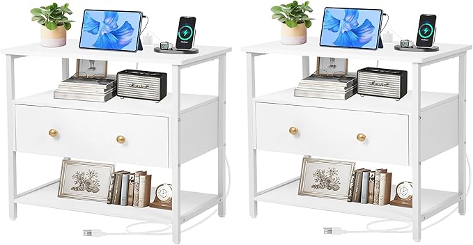 27 Inch Wide Night Stand Set 2 with Charging Station, Wood Nightstand with Open Shelf, Large Drawer Bedside Table for Living Room/Bedroom/Office (White)