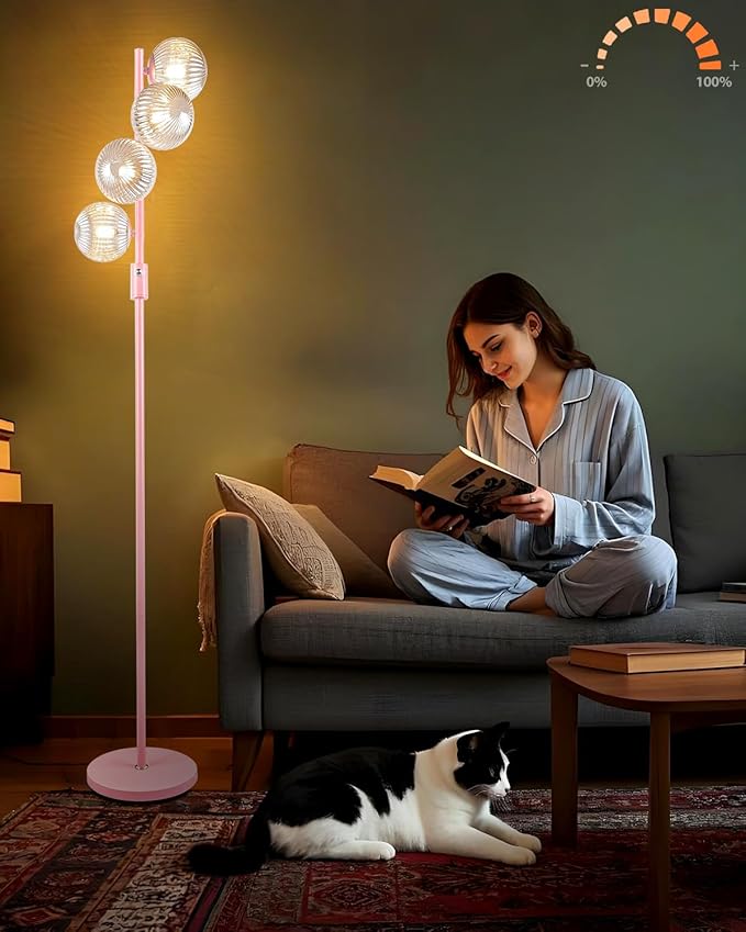 Lightdot 64IN Dimmable Floor Lamp with Globe Clear Glass Shade, Modern Pink Standing Lamps with 4PCS 3000K G9 Bulbs Soft Warm White Eye Care, Mid Century Floor Lamp for Living Room Bedroom