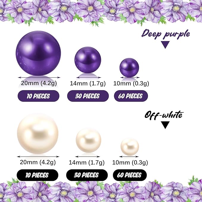 200 PCS Purple White Vase Fillers, Pearls Bead for Centerpieces Vases, 10/14/20 MM No Hole Beads, Fake Pearls for Wedding Birthday Anniversary Theme Party Table Centerpieces Decor