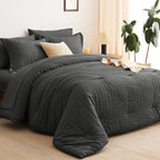 CozyLux Full Size Comforter Sets with Sheets Seersucker 7 Pieces Dark Grey Bed in a Bag Textured Luxury Soft Bedding Set with Down Alternative Comforter, Sheets, Pillowcases & Shams for All Seasons