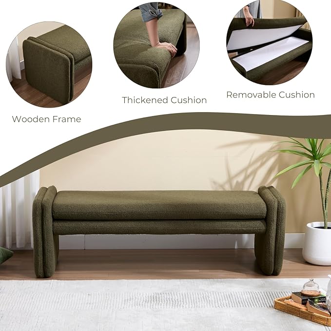 Green Boucle Bench 50" Sherpa End of Bed Bench Modern Upholstered Bench for Bedroom Entryway Living Room Vanity Makeup Room, Teddy Fabric Bench with Seating