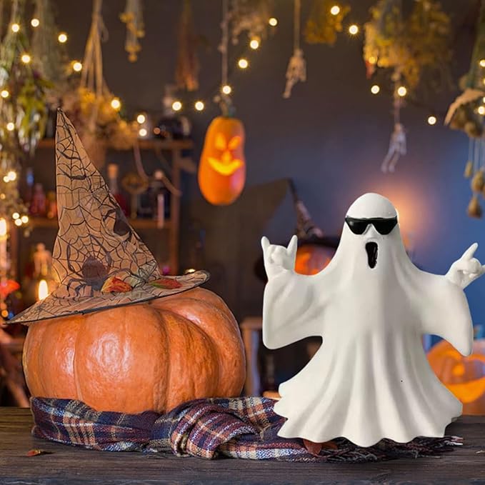 1 Pcs Halloween Ghost Figurine Cute Ghost Decor,with Sunglasses Design Funny Rock Spooky Resin Statue Cool Gestures Cute Sculpture for Halloween Tabletop Porch Party Decoration